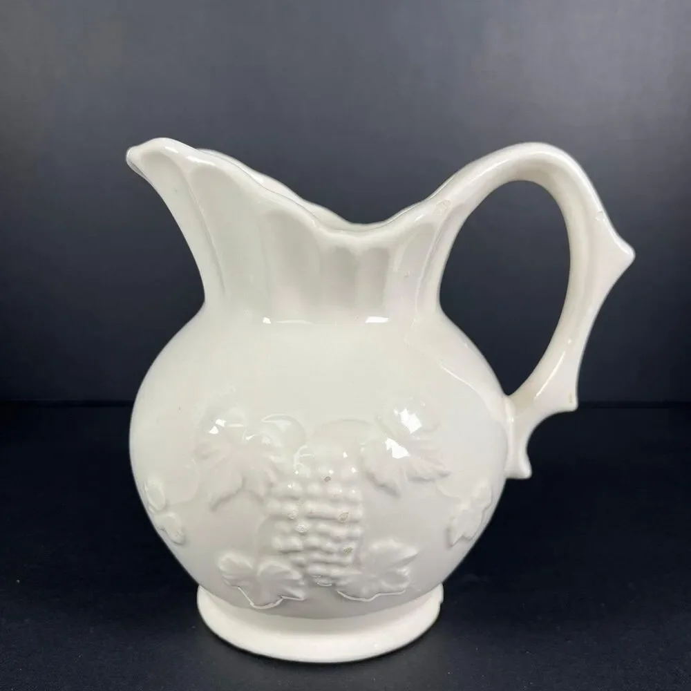 1950s Artmark Japan White Ceramic Pitcher Grape Leaf Embossed FLAW READ
